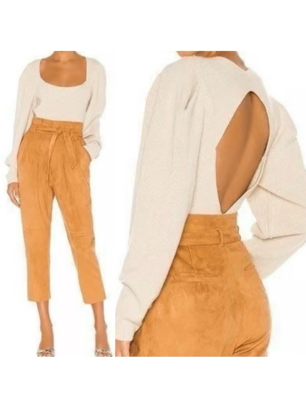 Free People Saffron Top Open Back Cozy Knit Pullover Sweater Oatmeal Beige